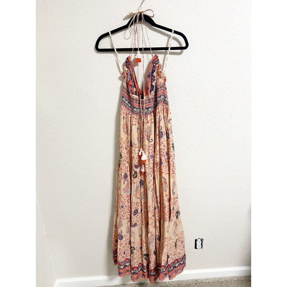 Raga Anthropologie Manisha Maxi Halter Dress V Neck‎ Tiered Ruffle Tassel Large - Picture 2 of 7